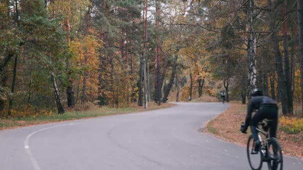 Professional male cyclist hard training on road bike in fall city park. Young attractive triathlete in helmet intensive pedaling on bicycle in autumn forest. Male cycling on road bike. Slow motion — ストック動画