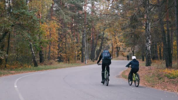 Fiatal apa és fia bukósisakban bicikliznek az Őszi Városligetben. Boldog család, akik bicikliznek az őszi erdőben a hétvégén. Lassú mozgás. — Stock videók
