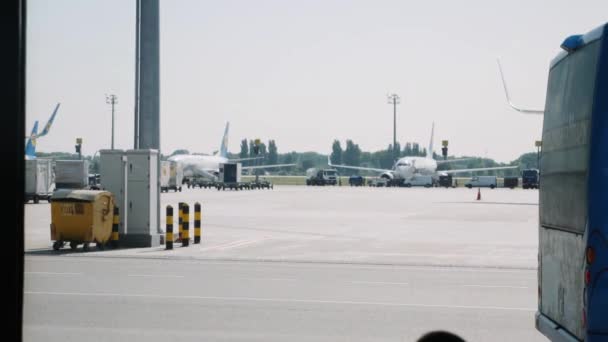 Boryspil / Ucrania-julio, 19 2019 - Servicio de transporte en el aeropuerto de Boryspil. Autobús de pasajeros en el aeropuerto. Tira de aterrizaje — Vídeos de Stock