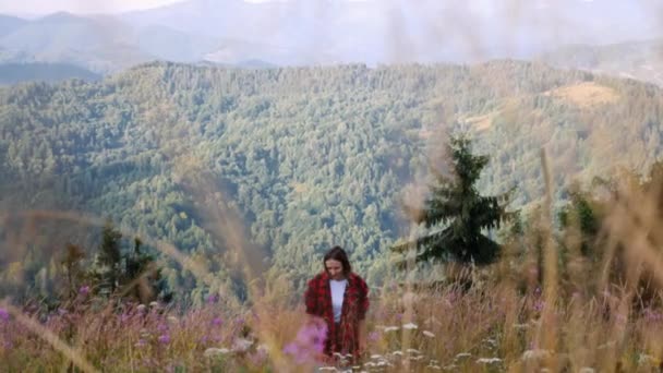 Mutlu gülümseyen esmer kadın gezgin Carpathian dağlarında yürüyüş yapıyor. Çiçeklerin arasında yürüyen dişi turist, buğday ve yeşil bitkiler tepenin zirvesinde arka planda dağlarla yürüyor. — Stok video