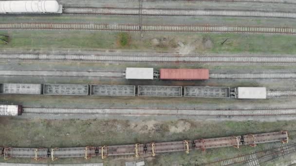 Aerial view of colorful freight trains on the railway station. Wagons with goods on railroad. Heavy industry. — Stock Video