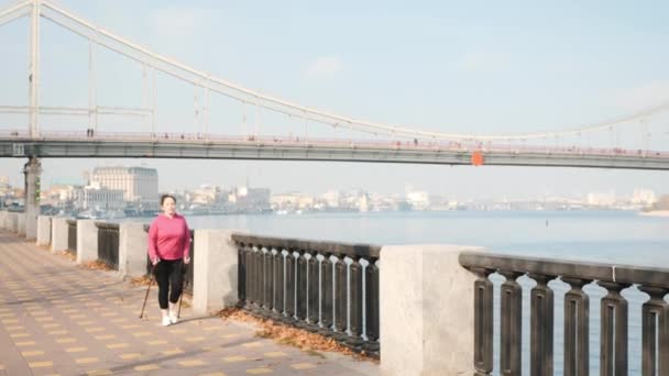 Concepto nórdico de caminar. Lindo entrenamiento femenino en el paseo marítimo de la ciudad con puente en el fondo. Concepto Fitness — Vídeo de stock