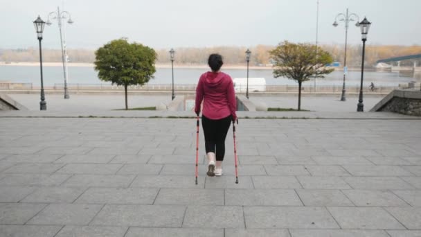 Скандинавська прогулянка. На задньому плані зображено пухнасту жінку, яка ходить зі спортивними стовпчиками в місті з вуличним рухом і річкою на задньому плані. — стокове відео