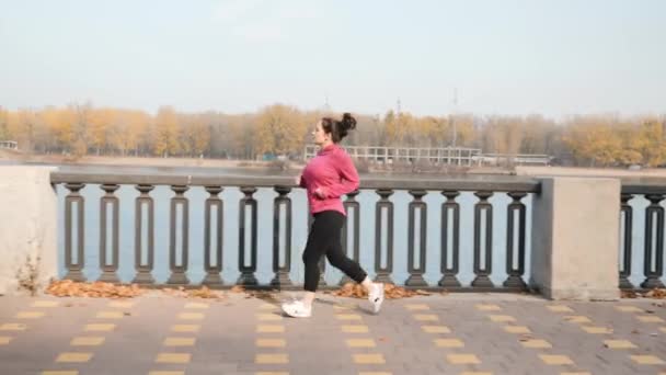 Chubby vrouw doen running oefeningen in de ochtend als onderdeel van gewichtsverlies programma. Wellnessconcept — Stockvideo