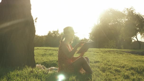 Жінка сидить на лузі біля великого дерева в парку і читає книгу на красивому літньому заході сонця. Пані в капелюсі і сукні насолоджується теплим літнім вечором у парку. Дівчина вивчає і читає літературу в парку — стокове відео
