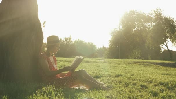 Charmante dame heureuse en chapeau assise sur l'herbe, penchée sur un grand arbre et lisant un livre dans le parc le week-end. Femme en robe relaxante dans le parc au coucher du soleil. Femme assise sur la prairie et profitant de soirée d'été — Video