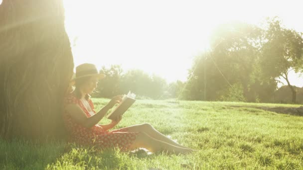Девушка в шляпе отдыхает в парке. Женщина в платье сидит на траве, прислонившись к большому дереву и читая книжный дневник. Женщина проводит время в парке в выходные. Леди отдыхает в парке теплым летним вечером — стоковое видео