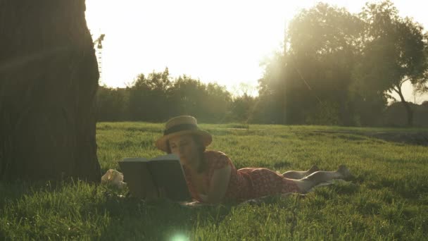 Hasır şapkalı ve kırmızı elbiseli hoş bir bayan büyük ağacın yanındaki çimenlerde uzanıyor, kitap günlüğü okuyor ve tatillerde sıcak yaz akşamlarının ve günbatımının keyfini çıkarıyor. Genç, tatlı bir bayan çayırda parkta dinleniyor. — Stok video