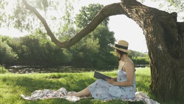 Güneşli bir yaz gününde, nehir kenarındaki parkta vakit geçiren bir kadın. Genç tatlı bayan büyük bir ağacın altında parkta dinleniyor, yaz tatilinin tadını çıkarıyor. Elinde kitap olan kız parkta çimlerde oturuyor. — Stok video