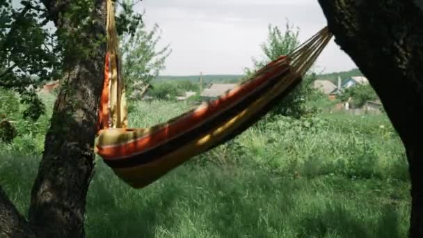 Leere Hängematte weht im Wind zwischen zwei Bäumen im grünen Garten — Stockvideo