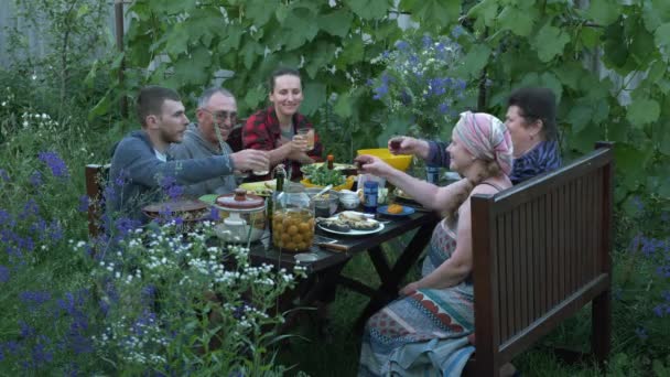 Glad familj som sitter vid matbordet och klamrar sig fast på gården vid sommarstugan. Familjen äter vid picknickbordet, äter, dricker, har roligt och skämtar. Glada släktingar njuter av sin lunch utanför — Stockvideo