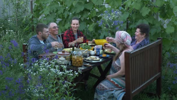 Réunis parents et amis au pique-nique en plein air. Des parents jeunes et âgés mangent et boivent à table dans la cour. Dîner en famille et s'amuser. Relations familiales heureuses — Video