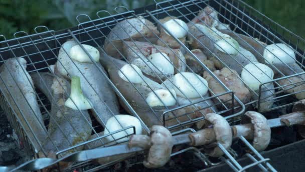 Peixe cru cozinhando na churrasqueira. Assar peixe marinado na churrasqueira. Preparando churrasco na grelha. Peixe em carvão vegetal. Churrasco piquenique de verão ao ar livre — Vídeo de Stock