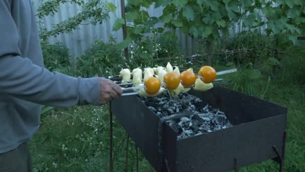 炭火で野菜を焼く男。バーベキューで野菜を調理します。夏の家の庭で家族のピクニック。焼きトマト、ピーマン、キノコ — ストック動画