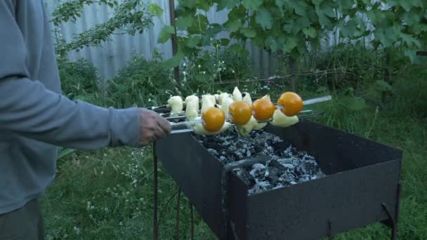 Grillezett zöldségeket készít faszénen. Zöldséget sütök barbecue-n. Családi piknik a nyaraló udvarán. Grillezett paradicsom, paprika és gomba — Stock videók