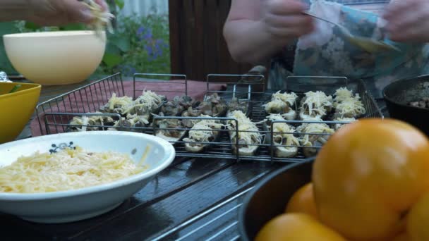 Mujeres preparando verduras a la parrilla afuera. Las manos femeninas ponen el queso a la berenjena. Picnic al aire libre. Familia en fin de semana en el patio en casa de campo de verano. Hora de la barbacoa — Vídeos de Stock