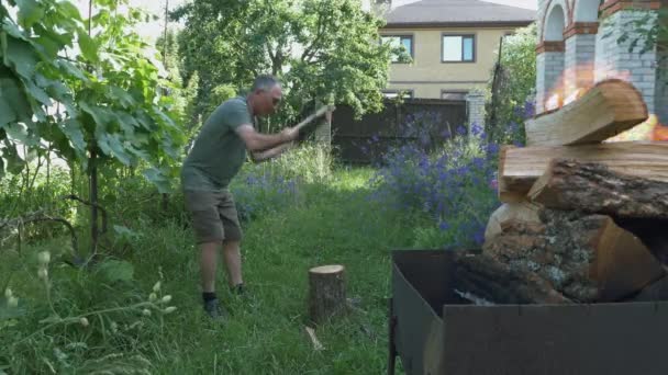 Holzfäller hacken Holz mit einer Axt im Ferienhaus. Holzeinschlag für Grill oder Grill. Männerarbeit. Mann mit großer Axt hackt Brennholz auf Hof Brennholz für das Grillen vorbereiten — Stockvideo