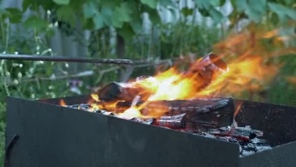 Древесина горит в огне. Подготовка барбекю или гриль. Дрова горят в гриле. Горящие угли во дворе — стоковое видео