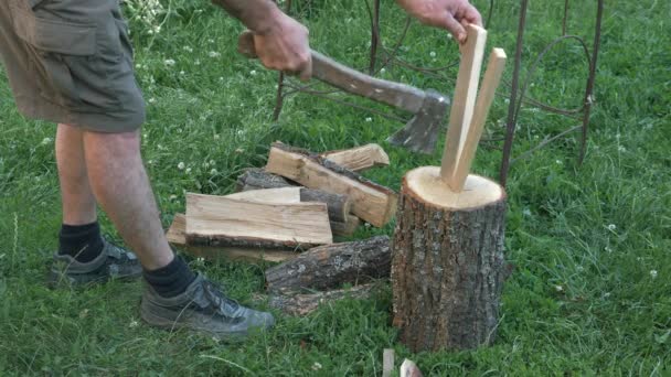 Hombre cortando madera con hacha con hierba verde en el fondo. Tronco de madera picada con hacha. Leña picando hacha en hierba verde. Trabajador cortando madera con hacha. Verano. Césped verde en el patio. Parrilla y barbacoa — Vídeos de Stock