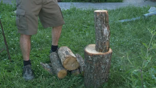Kavkazský dřevorubec seká dřevo se sekerou venku za slunečného dne. Muž na dvorku seká dříví. Člověk seká dříví. Dřevo na podpal — Stock video