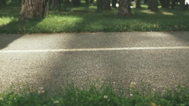 Nahaufnahme weiblicher Beine auf dem Skateboard, langsam fahrend. Frau lernt Skateboarden im Park. Ein junges Mädchen in weißen Turnschuhen und Jeans fährt auf dem Skateboard auf der Parkstraße. Skateboard für Frauen — Stockvideo