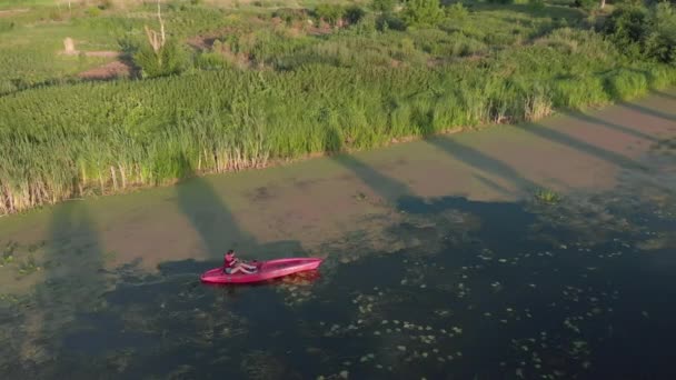 Toeristen kajakken bij zonsondergang. Jonge sportieve vrouw drijft in kano op de rivier. Watersport. Het vrouwtje peddelt in de zomer in kajak. Avonturen activiteit. Het meisje drijft in een boot op het meer. Sport roeien — Stockvideo