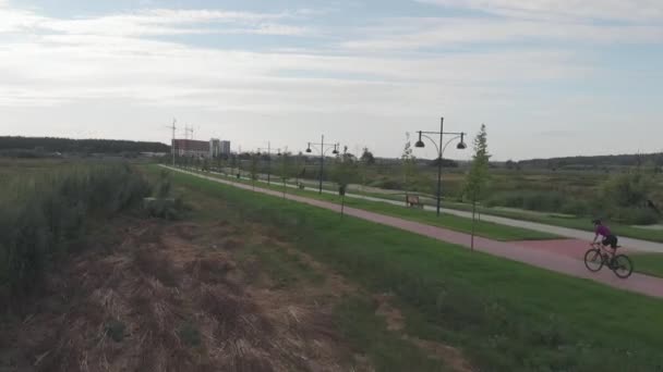 Drone shot of cyclist woman rides on bike along promenade. Female bike rider is cycling in park in summer. Triathlete girl is training and doing cardio exercises. Triathlon concept. Healthy lifestyle — Stock Video