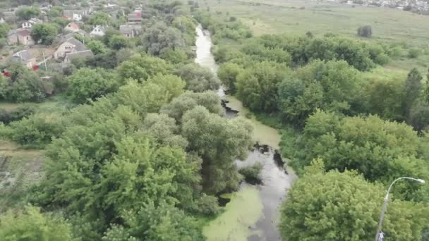 Campagne avec maisons de village et route autoroutière. Drone shot de belle nature avec rivière, arbres et village. Autoroute à grande vitesse avec voitures depuis la vue aérienne — Video