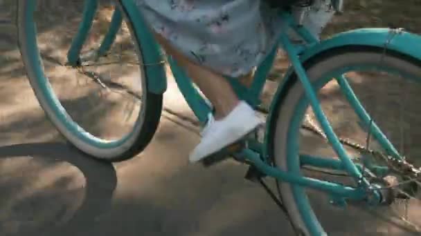 Joyeux belle fille tourne pédales sur vélo vintage. Jeune femme en robe se détendre dans le parc à vélo et avoir du plaisir. Femme cycliste sur vélo rétro. Dame est à vélo dans la forêt d'été — Video