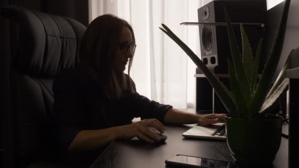 Enfocado mujer joven exitosa en gafas y traje está utilizando el ordenador portátil, escribiendo en el teclado, mirando el monitor en su moderno lugar de trabajo en casa. Mujer dama trabaja en la computadora en casa oficina — Vídeo de stock