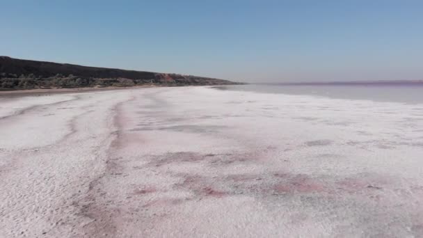 信じられないほど美しい塩辛い湖。ウクライナのオデッサ、 Kuyalnikの空中ドローンビュー。ピンクの水と塩辛い海岸。河口の塩｜Kuyalnik — ストック動画