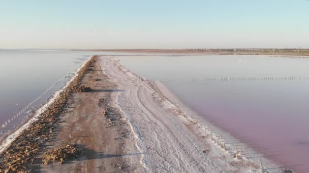 Ongelooflijk estuarium Kuyalnik, Odessa, Oekraïne. Zout meer met gedroogde oever en roze water gekleurd met alg Dunaliella salina in de zomer — Stockvideo