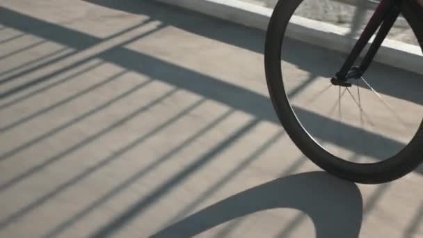 Silhouet van fietswiel in zonsondergang licht. Meisje is fiets aan het trappen, close-up van de fiets versnelling. Fietser fietst bij zonsopgang. Vrouwelijke voeten in professionele fietsschoenen fietsen langs de promenade — Stockvideo