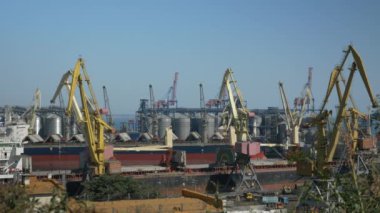 Kargo konteynırını ticaret gemisine yüklüyorum. Birçok kargo konteynır sırası ve büyük vinçlerle ithal ihracat portu. Lojistik iş veya ulaşım kavramı