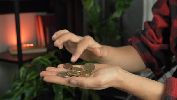 La femme compte les pièces dans ses mains. Les mains comptent les dernières pièces. Concept de dette. Les mains féminines comptent l'argent comptant. Crise économique mondiale. Concept de pauvreté et de crise financière — Video