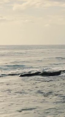 Deniz dalgaları sahile çarpıyor ve su sıçrıyor. Denizde fırtınalı yağmurlu hava. Dikey video