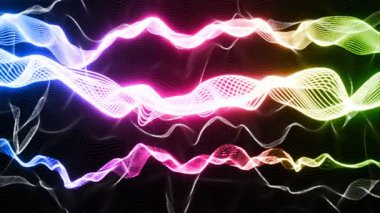 Siyah arka planda hareket eden renkli çizgiler. İnce RGB hatları bükülüyor ve hareket ediyor. Fütürist soyut animasyon. 3B canlandırma grafikleri
