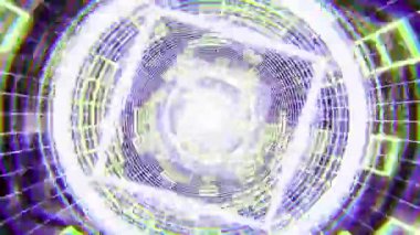 Uçan geometrik şekilleri ve daireleri olan parlak neon ışıklı tünel, döngülü animasyon. Bilim kurgu fütüristik soyut arka plan