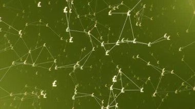 İngiliz poundu işaretleri ve birbirine bağlı çizgiler. Bağlı çokgen pleksus çizgileri ve GBP sembolleriyle soyut çokgen geometrik arkaplan