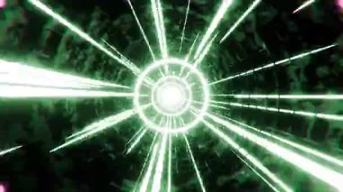 Hareketli ve dönen neon ışınları ve daireleri olan soyut bilim kurgu tüneli, kusursuz döngülü animasyon. Fütüristik arka plan, parlak ve parlak ışıklar. Hareket grafikleri, 3B oluşturma