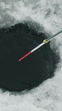 Donmuş göldeki buz deliğini oltayla kapatın. Balıkçı, kış balıkçılığında buzda balık yakalıyor. Dikey video