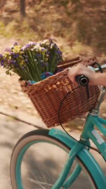 Çiçekli saman sepetli antika bisikletin gidonunu kapat. Bisiklet teçhizatını kapatın, bisiklet tekerleği dönüşünü kapatın. Dikey video