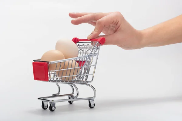 Comprador Empuja Carrito Comestibles Miniatura Con Huevos Pollo — Foto de Stock