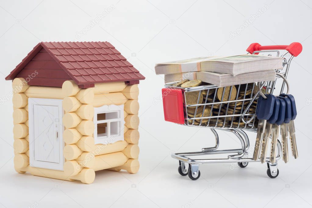 Toy house, trolley with money and a bunch of keys to the house