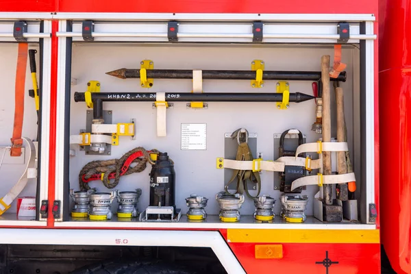 Anapa, Russia - April 27, 2019: Anapa fire-technical exhibition at the Theater Square in Anapa, dedicated to the 370th anniversary of the Russian fire brigade, Fire truck equipment, side compartment w — Stock Photo, Image