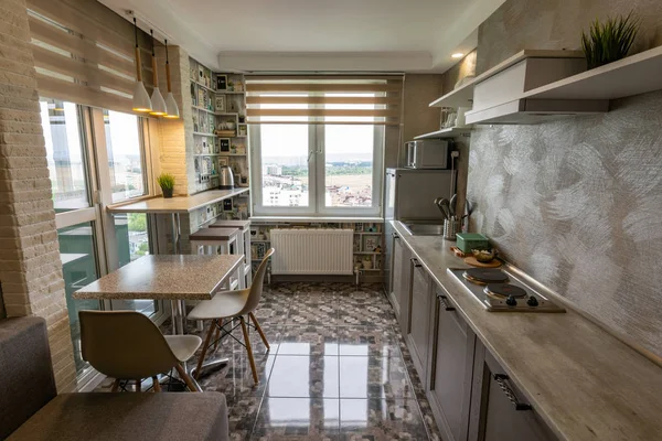 Anapa, Russia - July 15, 2019: Interior of a modern kitchen in the apartment, natural light — Stock Photo, Image