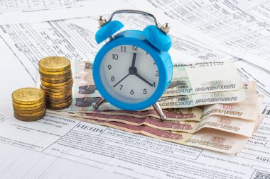 Watches, paper rubles, coins on receipts with penalties for payment clipart