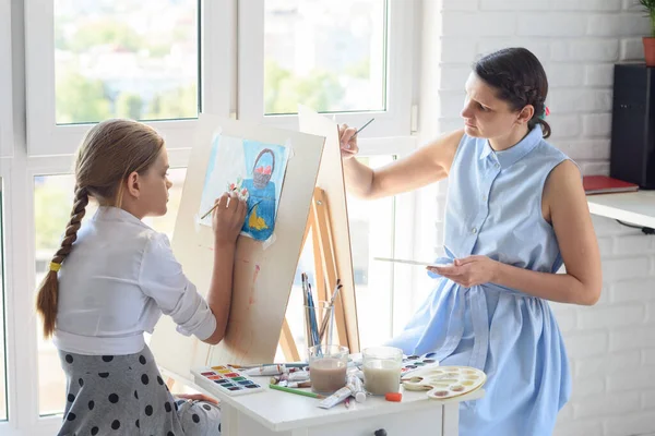 Mom Daughter Draw Easels Sitting Home Window — Stock Photo, Image