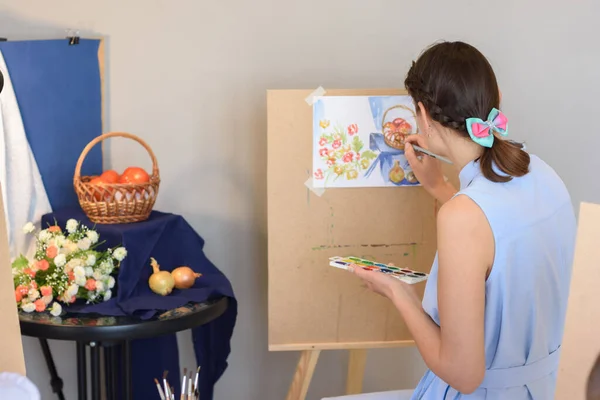 Artist Draws Still Life Watercolor Paints Easel — Stock Photo, Image