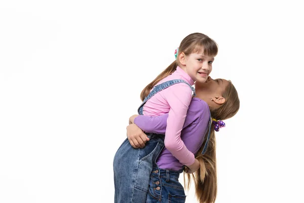 Girl Lifted Hugged Another Girl — Stock Photo, Image